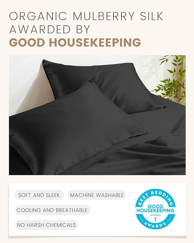 THXSILK Set of 2 Mulberry Silk Pillowcase for Hair and Skin, 100% Mulberry Silk, 19 Momme Both Sides Silk Bed Pillow Cover with Hidden Zipper, Hypoallergenic Silk Pillowcase (King Size 20"x36", Black)
