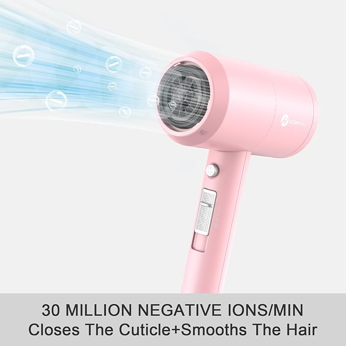 slopehill Professional Ionic Hair Dryer, Powerful 1800W Fast Drying Low Noise Blow Dryer with 2 Concentrator Nozzle 1 Diffuser Attachments for Home Salon Travel (Pink)