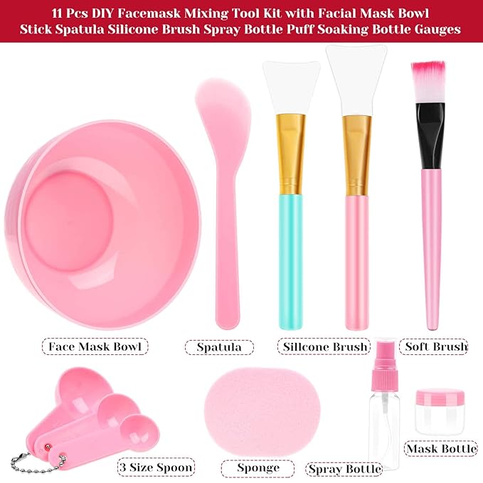 anezus 11 Pcs DIY Facial mask Mixing Tool Kit with Bowl Stick Spatula Silicone Brush Spray Bottle Puff Soaking Bottle Gauges (Pink)