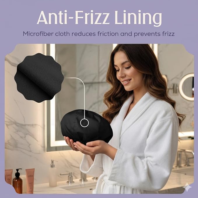 Premium Shower Cap for Women with Long Hair. Reusable, 100% Waterproof, Double-Sided, Great For Curls with Anti-Frizz Fabric terry-lined. Black shower caps for women