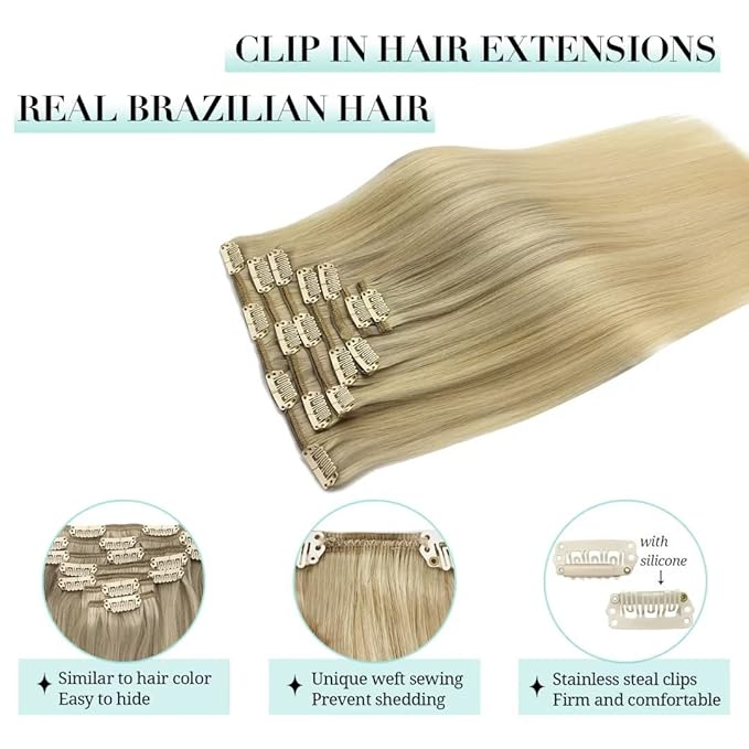 DOORES Human Hair Clip in Extensions, Balayage Ash Blonde to Golden Blonde and Platinum Blonde 24 Inch 120g 7pcs, Clip in Extensions Human Hair Natural Extensions For Women Clip in Straight Thick Hair