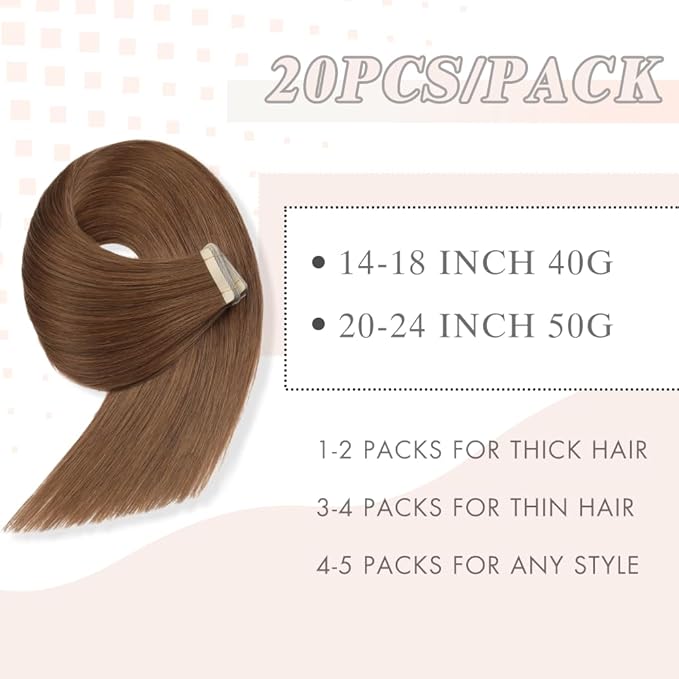 Tape in Hair Extensions Human Hair 20pcs 14 Inches Tape Ins hair extensions for White Women Invisible Seamless Tape In Extensions Skin Weft Medium Brown (6#)