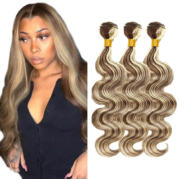 Highlight Bundles Human Hair Blonde Body Wave Bundle Niegmeag Brazilian Virgin Remy Hair 3 Bundles 16 18 20 Inch 2 Tone Blonde and Brown Body Wave Bundle 300g