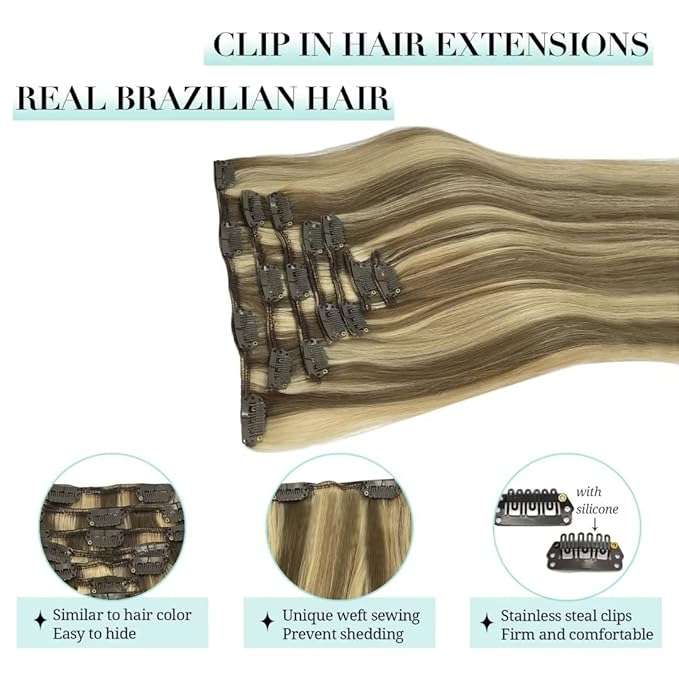 DOORES Clip in Human Hair Extensions - Ombre Medium Brown Highlighted Golden Blonde, 120g 7pcs 20 Inch Remy Straight Thick Natural Hair