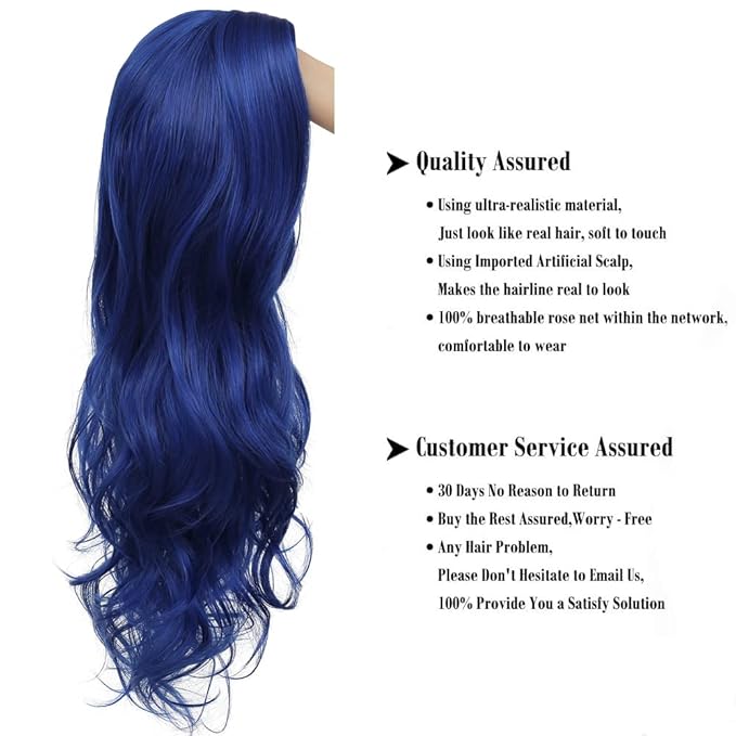 Baruisi Long Curly Wavy Blue Wigs for Women Side Part Natural Looking Cosplay Synthetic Fiber Wig Heat Resistant Replacement Wig