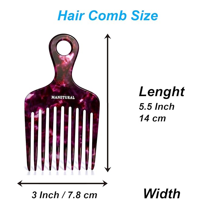 14MX Hair Comb for Women, Curly Hair Picks, Wide Tooth Comb for Curls, Afro Pick, 5.5 inches(14 cm), Purple, 1 PACK
