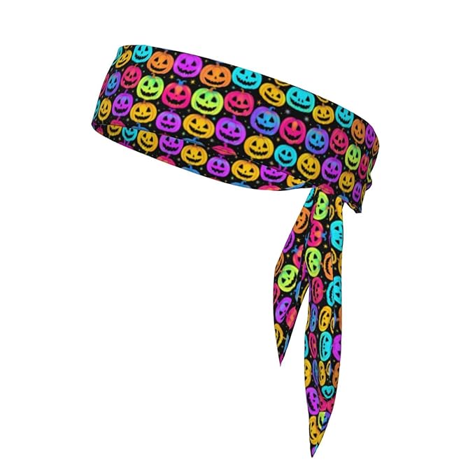 Men Women Beauty Skinny Sports Sweat Band Hand Decor for Running Travel Spa, Long Boho Style Halloween Trippy Neon Pumpkin Skull Hair Band Headdress