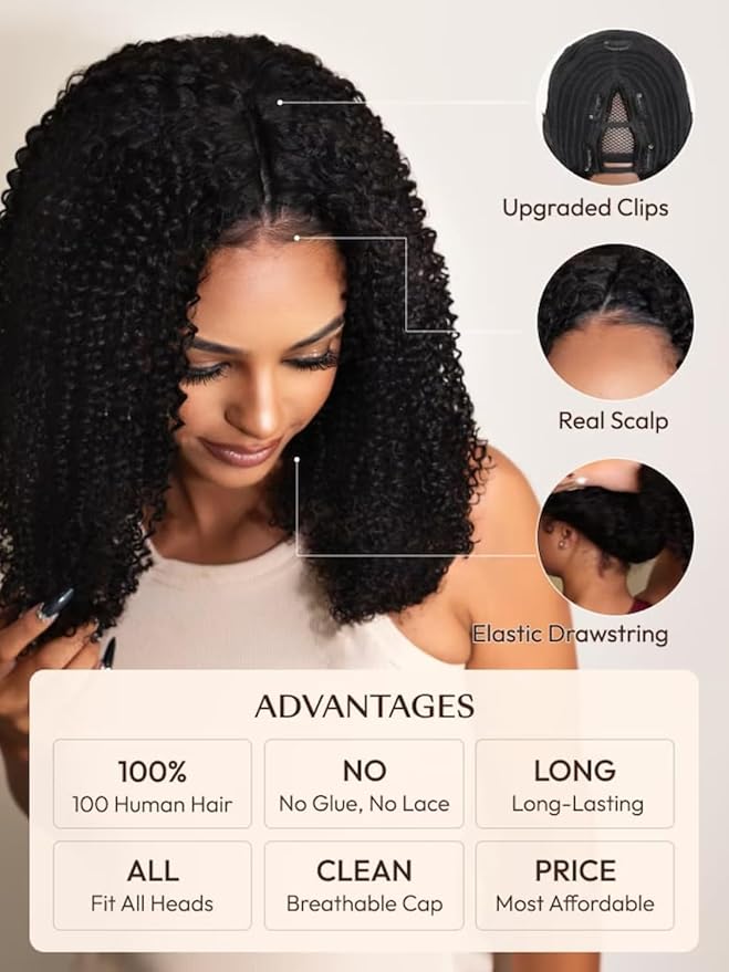 YIROO EasiContour V Part Wigs Human Hair Jerry Curly Glueless Human Hair Wigs Upgraded U Part Curly Wigs No Leave Out No Gel V Shape Clip in Half Wig Beginner Friendly Ready to Go Wig 20 inch