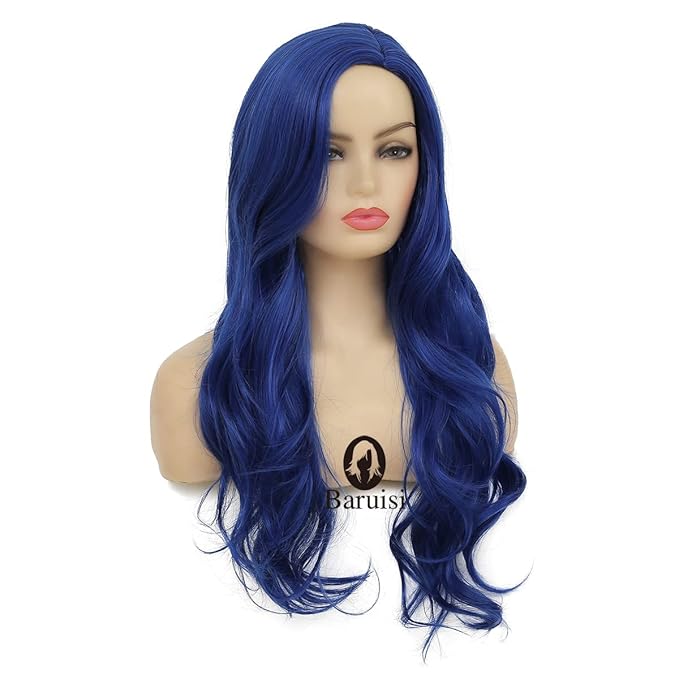 Baruisi Long Curly Wavy Blue Wigs for Women Side Part Natural Looking Cosplay Synthetic Fiber Wig Heat Resistant Replacement Wig
