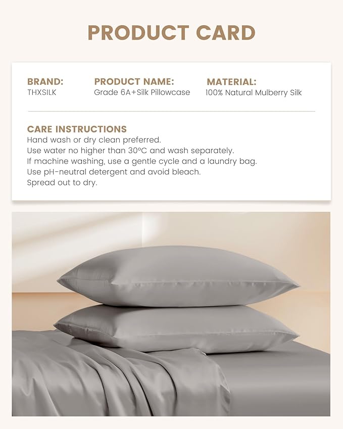 THXSILK Set of 2 Mulberry Silk Pillowcases for Hair and Skin, 100% Mulberry Silk Bed Pillowcase with Hidden Zipper, Silk Pillow Covers Soft Breathable Smooth, Silk King Pillow Case (Grey)