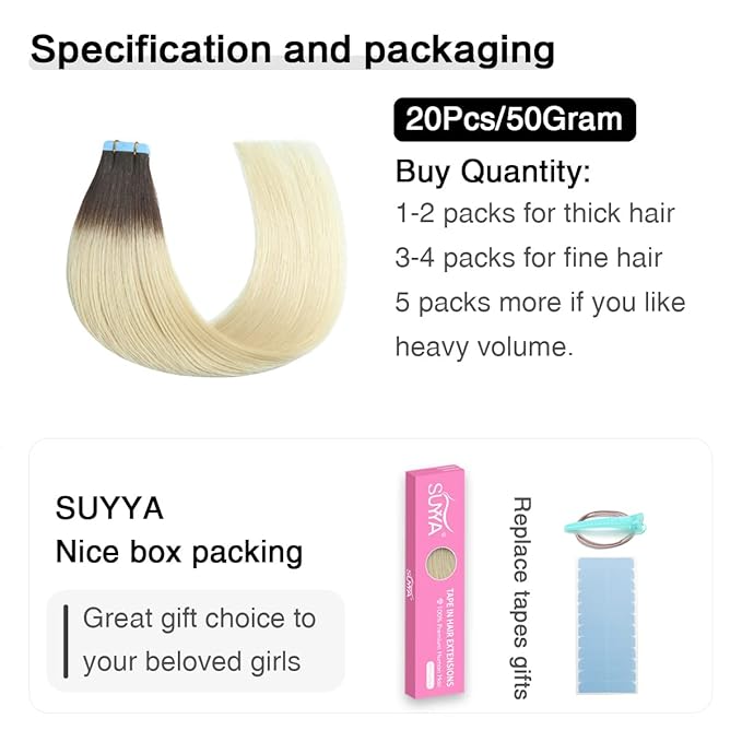 SUYYA Tape in Hair Extensions Human Hair Ombre Darkest Brown to Platinum Blonde 20 Inch 50g/pack 20pcs Straight Seamless Skin Weft Tape in Real Human Hair Extensions(20inch #T2/60)