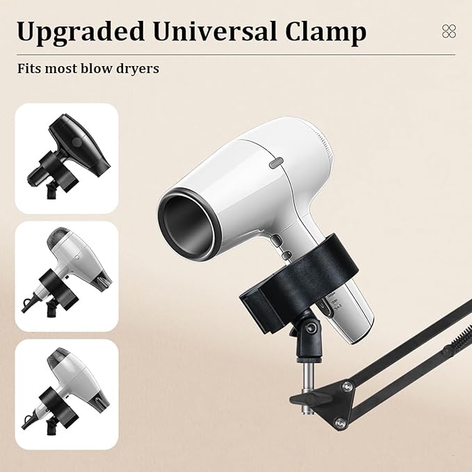 Hands Free Hair Dryer Stand Holder - Upgraded Blower Stand Holder with Larger Clamp, 25.6in- 68.9in Height Adjustable Blow Dryer Floor Stand Countertop Stand Holder with Heavy Base