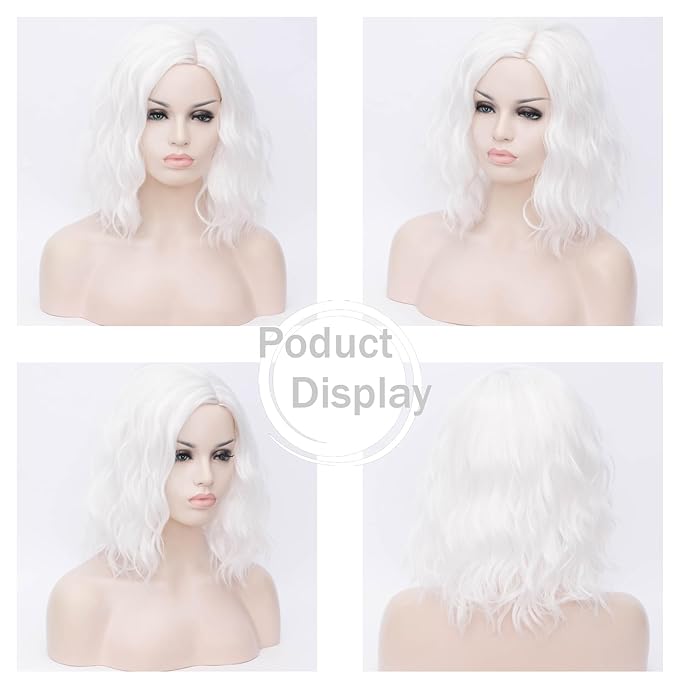 BUFASHION 14" Women Short White Kinky Straight Cosplay Synthetic Wigs With Air Bangs 46 Colors Available (White)