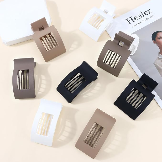 Velscrun Flat Hair Clips for Women Girls, 2 Styles 8 Pcs Lay Flat Claw Clips, Strong Hold French Duck Billed Large Side Hair Jaw Clip for All Hair Types, Non Slip Grip for Daily Styling Brown