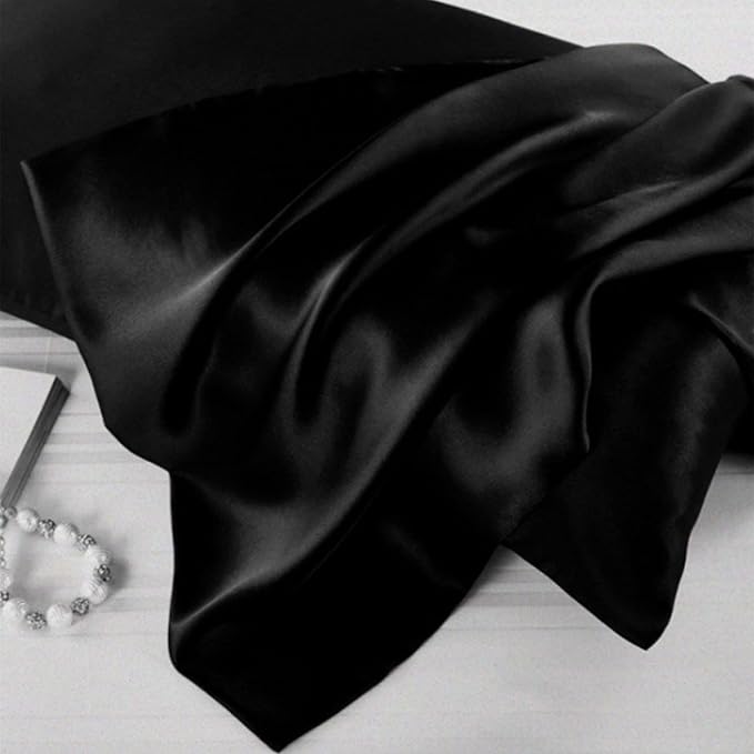 Hypoallergenic Pillow Case Made in USA, Premium Black Silk Pillow Cases, 6A Grade 22 Momme Pure Silk Pillowcase, Zipper Closure, Machine Washable, 1 Pc 20"x30" (Queen, Black)