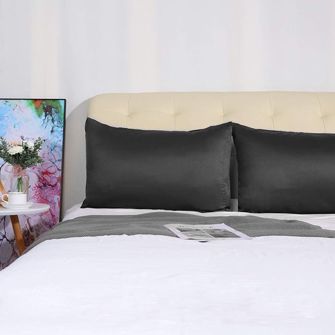 uxcell 2 Pack Silk Satin Pillowcase for Hair and Skin, Cool, Silky, Soft Breathable Pillow Cases Queen Size 20x30 Inch Sateen Pillowcase Black with Envelope Closure
