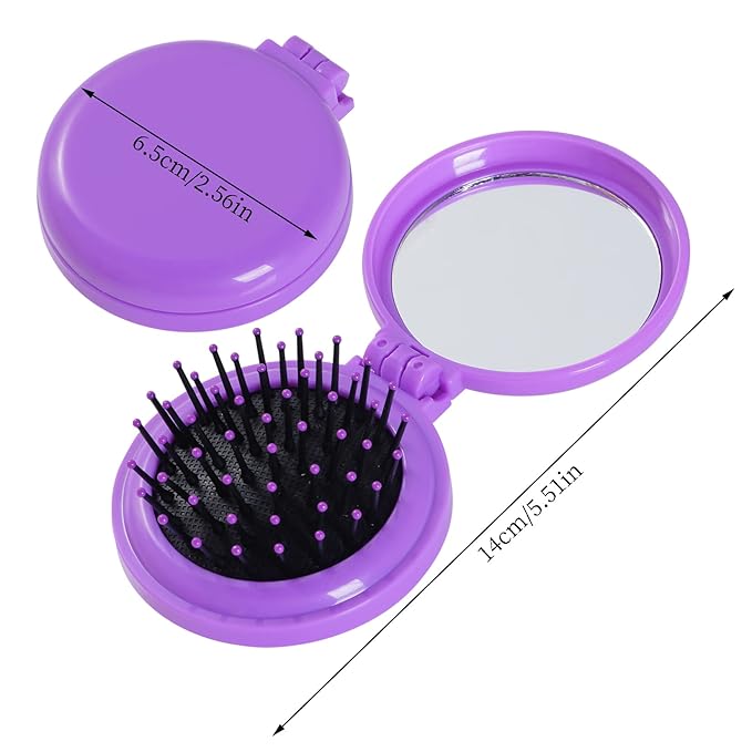 2pcs Folding Travel Mirror Hair Brushes Round Mirror Pocket Hair Brush Portable Mini Pop Up Hair Brushes for Women Girls Wet and Dry Hair