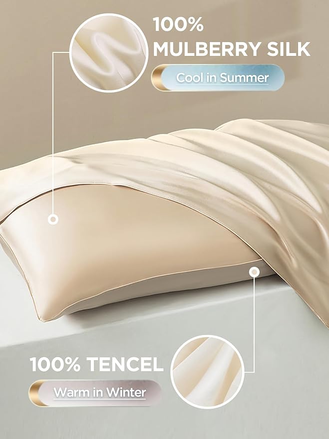 Mulberry Silk Pillowcase for Hair and Skin, SGMSILK 22 Momme Natural Silk Pillow Cases with Zipper, 6A Soft and Smooth Single Sided Pure Silk Pillow Cover (Champagne, King 20"x36")