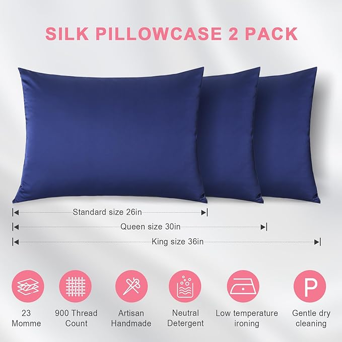 100% Silk Pillowcase 2 Pack for Hair and Skin, Both Sides 23 Momme Grade 6A+ Mulberry Silk Pillowcases with Hidden Zipper, Soft&Smooth Cooling Pillow Cases (Navy Blue, Standard 20×26)