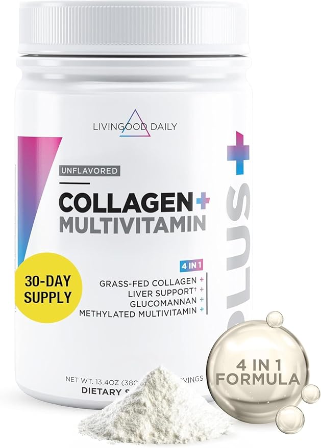 Livingood Daily Collagen Powder for Women & Men, Unflavored, Grass Fed Hydrolyzed Collagen Peptides, Protein & Multivitamins for Healthy Hair, Skin & Nails, Keto & Paleo, Gluten Free, 30 Servings