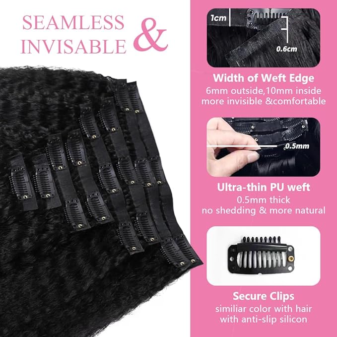 Seamless Clip In Hair Extensions Human Hair Invisible Pu Skin Weft Kinky Straight Seamless Clip Ins For Black Women Real Human Hair Extensions 8pcs With 18clips Per Set 120g (28inch,Natural Black)