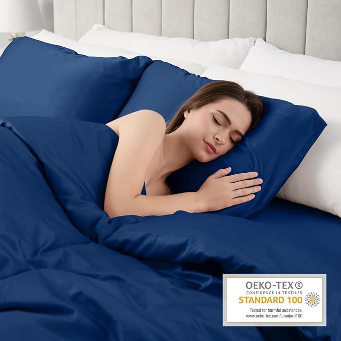 Lirex Satin Pillowcase 2-Pack, Standard Size Satin Pillowcase Soft Solid Color Microfiber Satin Pillowcase, Envelope Closure Wrinkle Free Fade Resistant Breathable, Navy Blue