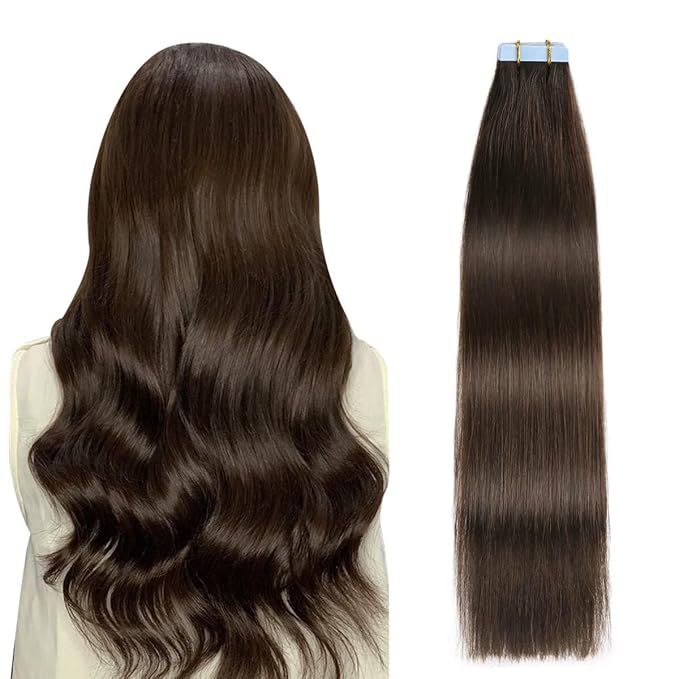 SUYYA Tape in Hair Extensions Human Hair 18 inches 50g 20pcs Straight Seamless Skin Weft Tape in Hair Extensions Remy Human Hair(18 inches #2 Darkest Brown）