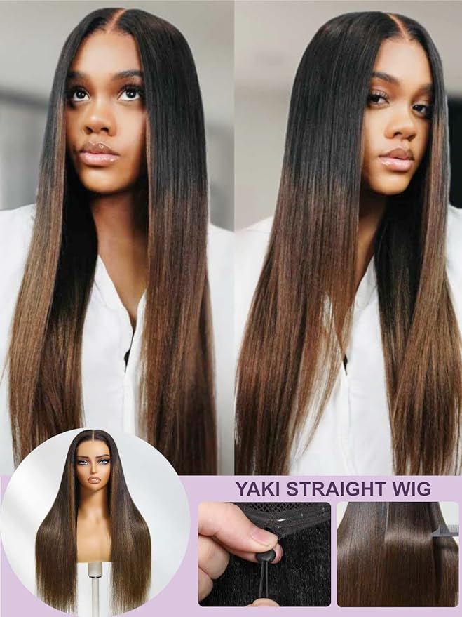 YIROO Bye Bye Knots Chestnut Brown Ombre Light Yaki Straight Wig Human Hair,7x5 Lace Front Glueless Wig with Drawstring,Pre Cut Pre Plucked Pre Bleached Knots Natural Hairline Wig for Women 24Inch