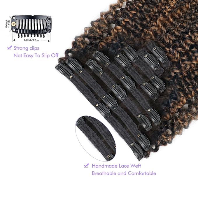FB30 Highlight Ombre Curly Clip In Extension Human Hair 3C 4A Kinky Curly Clip Ins Full Head for Black Women Brazilian Remy Human Hair Balayage Brown 8Pcs with18clips 120g/Set (22 inch)