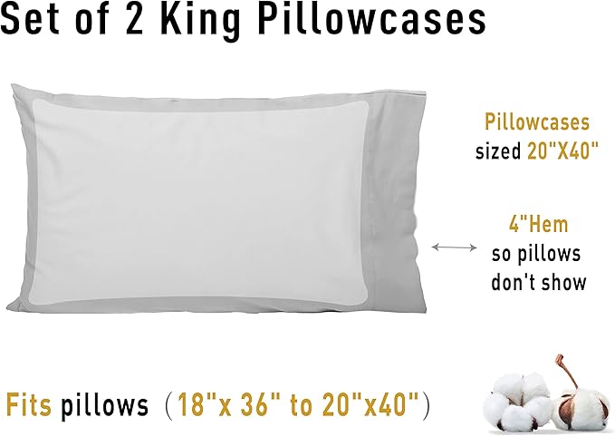 Sunflower King Pillowcases Set of 2, 100% Cotton King Pillow Cases 2, 20×40 inches Ash, Soft and Breathable