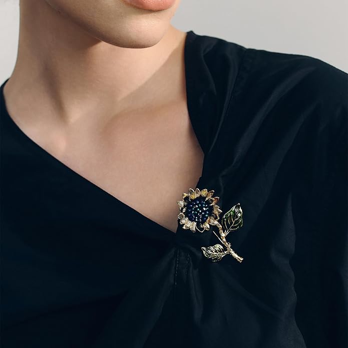 Sunflower Brooch pin with hand beading, She's Free Style Just For You Flower Oil Dropping Brooches for women, Metal Plating Process Safety pins with Nail Bead Crystal