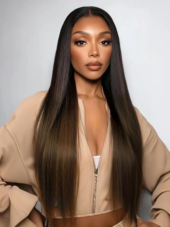 YIROO V Part Wig Human Hair No Leave Out Ombre Chestnut Brown Yaki Straight Glueless Human Hair Wig Upgrade U Part Wigs for Women V Shape Clip in Half Wig No Glue No Sew in Beginner Wig 20inch