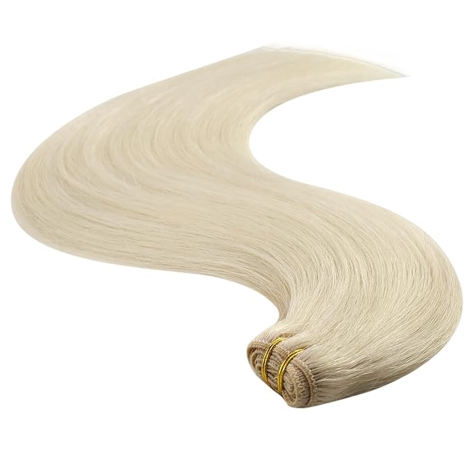 YoungSee Sew in Hair Extensions Real Human Hair Blonde Hair Extensions Weft Platinum Blonde Soft and Smooth Sew in Bundles Human Hair 18Inch 100G