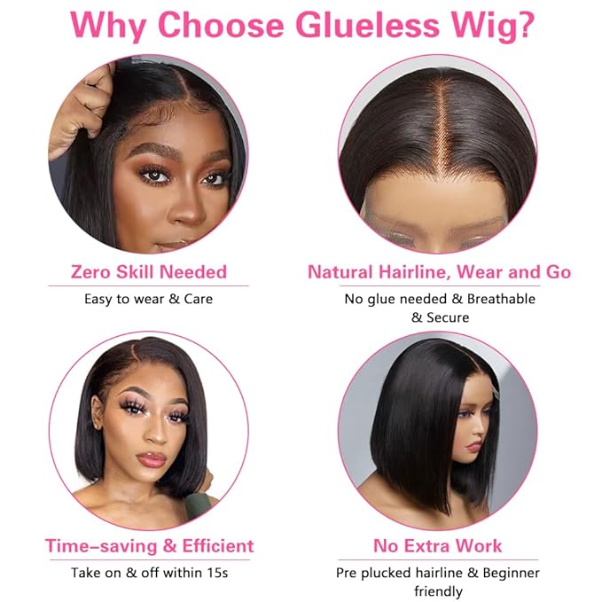 Wear and Go Glueless Bob Wig, 10 Inch, 180% Density, Human Hair, Natural Black, No Shedding, No Tangle, Adjustable Elastic Cap
