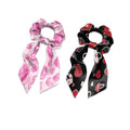Pink Heart Bow Ribbon Scrunchies Black Hair Ties No Damage Thick Hair for Valentine's Day Satin Hair Scrunchies Pack of 2 Ponytail Holder Scraf Scrunchy