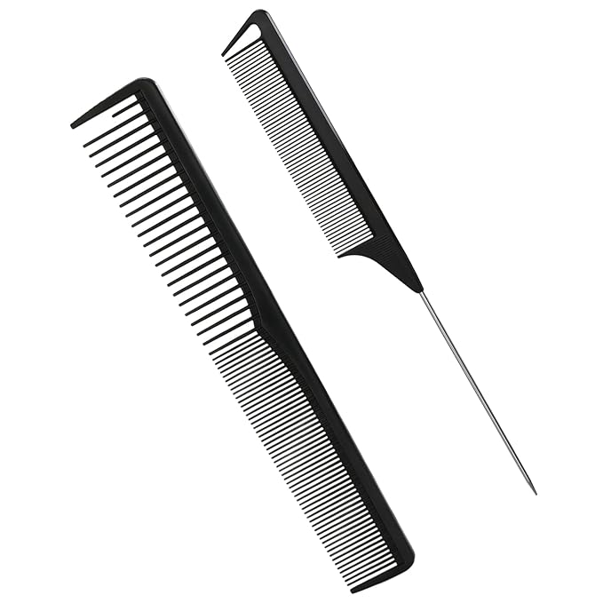 2Pcs Hair Combs for Women and Men，Combs for Hair Stylist, Professional Black Carbon Fiber Teasing Comb，Fine and Wide Tooth Barber Comb for All Hair Types（Style 1）