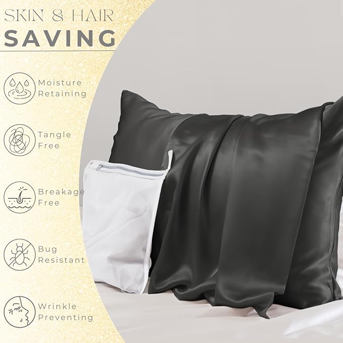 PROMEED 100% Mulberry Silk Pillowcase Set of 2, 23 Momme 3rd Gen Grade 6A+ 100% Mulberry Silk Pillow Cases 2 Pack, Real Silk Pillow Cover for Acne Prone Skin (King 20"x36", Black)