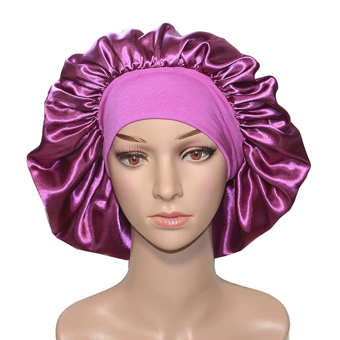 VEYRNEIC Hair Satin Bonnet for Sleeping Shower Caps Silk Chemo Caps with Wide Elastic Band Night Sleep Cap Bonnets for Black Women Braids (Dark Purple)