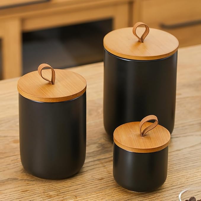 Canister Sets for Kitchen,Ceramic Kitchen Canisters for Countertop with Airtight Wood Lids for Serving Ground Coffee, Tea, Spice, Grains, Sugar, Salt (Black Pack of 3 (8.7/27/44 Oz))