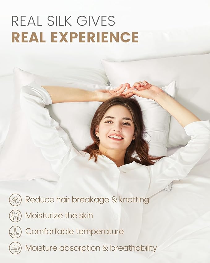 THXSILK Set of 2 100% Silk Pillowcase for Hair and Skin, Both Sides Grade 6A+ Mulberry Silk Pillow Case with Hidden Zipper, Soft and Smooth White Pillowcase, Queen Size 20"x30"