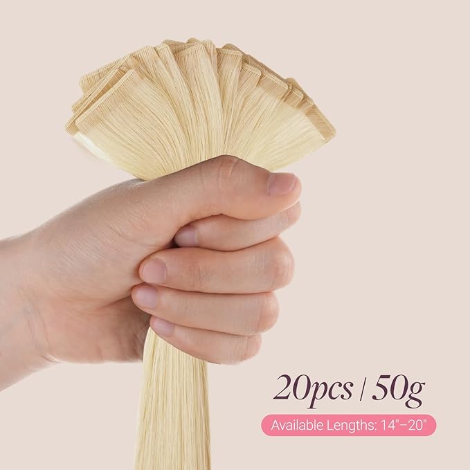 GOO GOO Genius Tape in Hair Extensions, Hand Tied Tape Weft, 60A Platinum Blonde, 16inch 50g 20pcs, Remy Human Hair, Seamless Invisible Tape, Natural Blend, Lightweight
