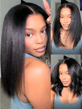 YIROO Yaki Straight Bob Human Hair Drawstring Wigs Pre Cut 7x5 HD Lace Front Wig Bye Bye Knots Glueless Yaki Short Bob Human Hair Wigs Pre Plucked Invisible Knots 150% Density Ready to Go 12Inch