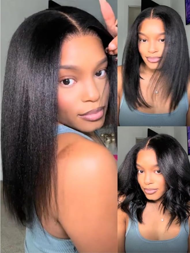 YIROO Yaki Straight Bob Human Hair Drawstring Wigs Pre Cut 7x5 HD Lace Front Wig Bye Bye Knots Glueless Yaki Short Bob Human Hair Wigs Pre Plucked Invisible Knots 150% Density Ready to Go 12Inch