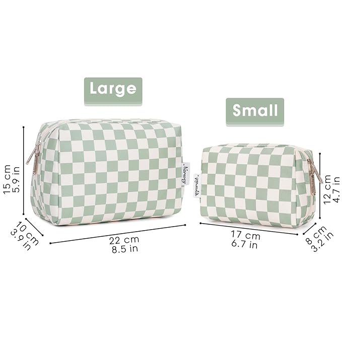 Narwey Checkered Makeup Bag Travel Cosmetic Bag Organizer Toiletry Bag Make Up Bags with Compartments for Women Girls (Large, Mint Green Checkerboard)