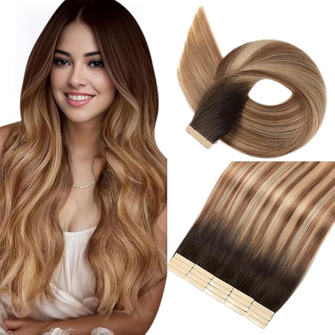 Tape in Hair Extensions Real Human Hair 24 Inch Chestnut Brown to Mixed Dirty Blonde Tape for Skin Weft Hair Extension Invisible Tape in Hair Extensions Straight Remy Human Hair for Women 20pcs