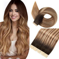 Tape in Hair Extensions Real Human Hair 24 Inch Chestnut Brown to Mixed Dirty Blonde Tape for Skin Weft Hair Extension Invisible Tape in Hair Extensions Straight Remy Human Hair for Women 20pcs