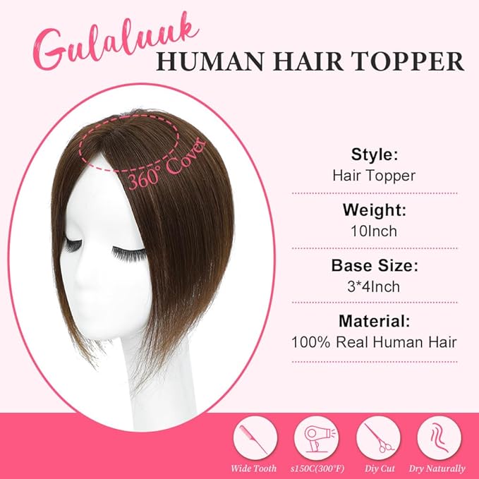 Hair Toppers for Women Real Human Hair Topper for Women with No Bangs Hairpieces Comfortable and Breathable 10 Inch Swiss Base 3D 360°Cover Glue-free and Shedding Free (Medium Brown)