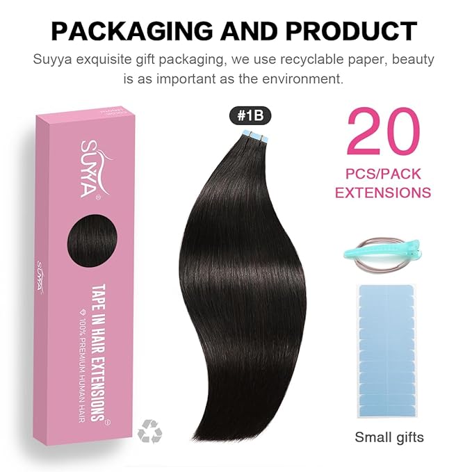 SUYYA Tape in Hair Extensions Human Hair 100% Remy Human Hair Natural Black 50g/pack 20pcs Straight Seamless Skin Weft Tape Hair Extensions(22 inches #1B Off Black)