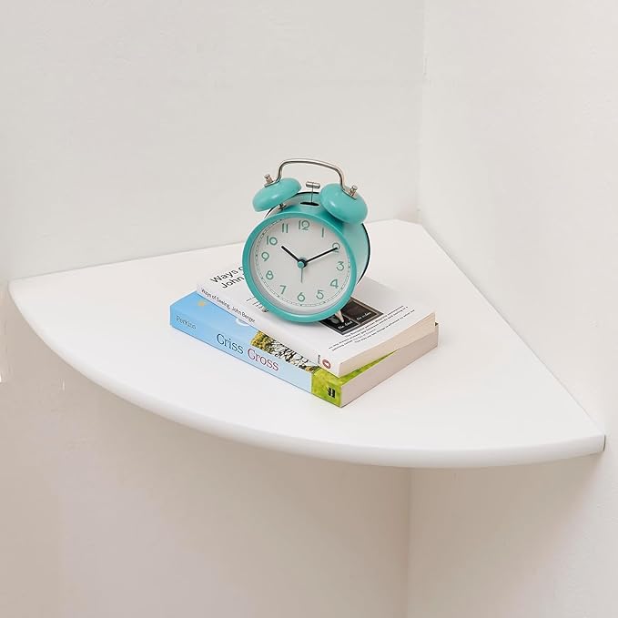 Corner Shelf, Solid Oak Wood Floating Corner Shelf Wall Mount Round End Floating Speaker with Wire Hole for Small Plant Photo for Bedroom Kitchen, Living Room White