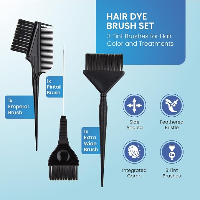 Hair Dye Brush Set - 3 Tint Brushes for Hair Color and Treatments - Extra Wide Brush - Pintail Brush - Emperor Brush - Variety Set Salon Color Brushes (Black)
